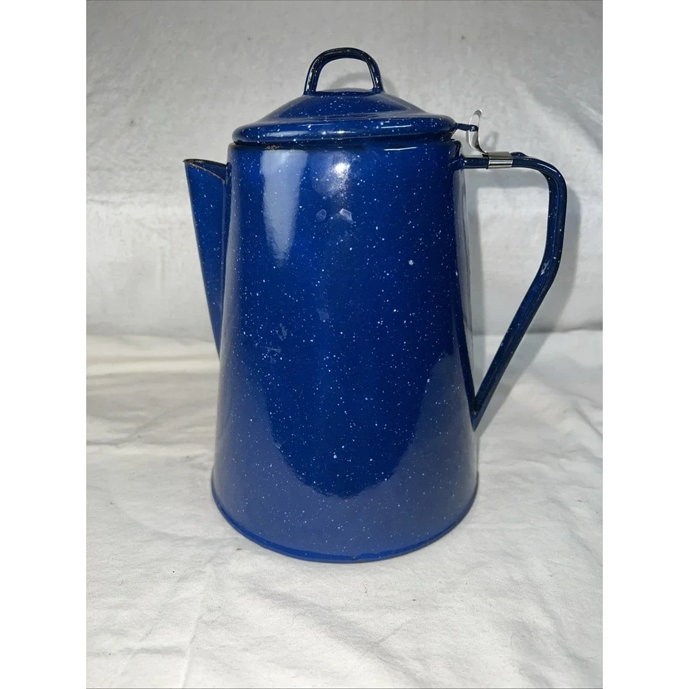 Vintage Blue Speckled Enamel Coffee Pot Campfire Cowboy Kettle Rustic Camping